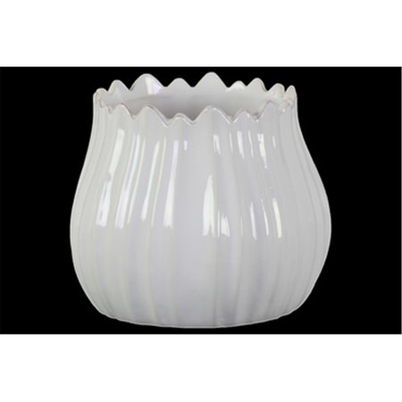 URBAN TRENDS COLLECTION Ceramic Bellied Round Pot with Irregular Shape Lips  Gray Antique Wave Design Body White 37327